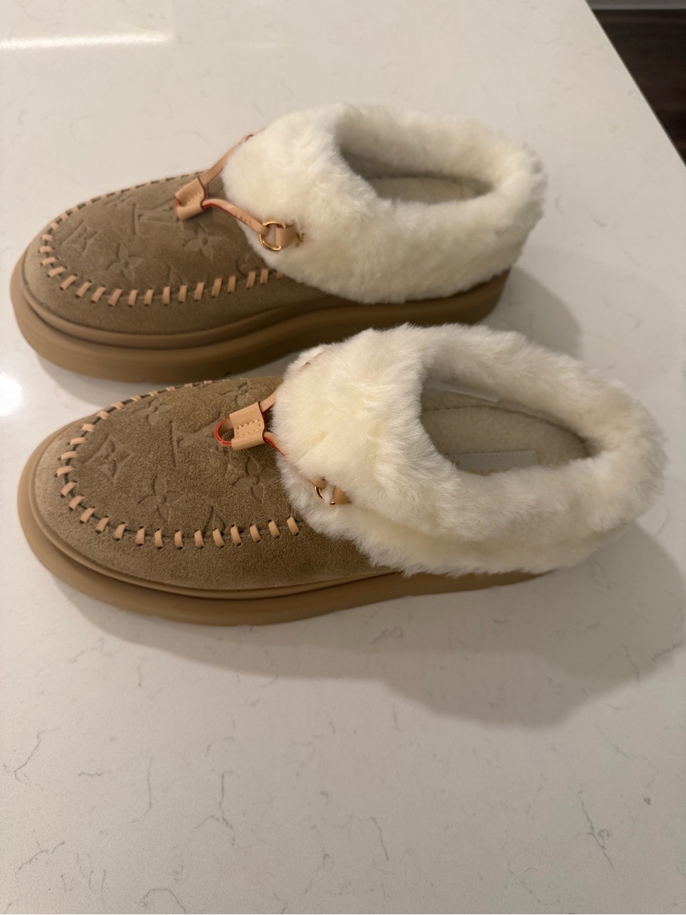 LV Cozy Faux-Fur Lined Slip-On Moccasins - Tan & Cream